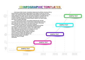Infographic timeline template. Growth diagram with 5 color rectangles and icons. For presentation and design concept. Vector illustration.