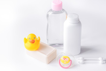 baby organic cosmetic for bath on white bakground