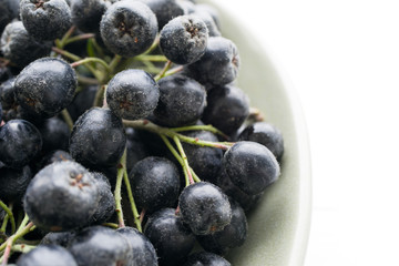 Black mountain ash in a bowl on the white painted surface (Aronia melanocarpa), top view, copy space. 