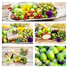 Fototapeta na wymiar Herbst - Collage - Herbstfrüchte mit Geschenk 