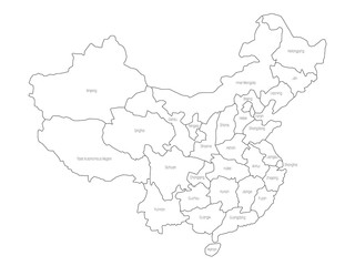 Regional map of administrative provinces of China. Thin black outline on white background. Vector illustration.