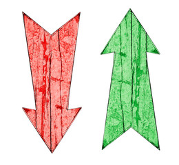 Red down and green up vintage wooden direction arrows on cracked and peeling painted wooden isolated on a white background. Concept for pros and cons, for and against and advantages and disadvantages.