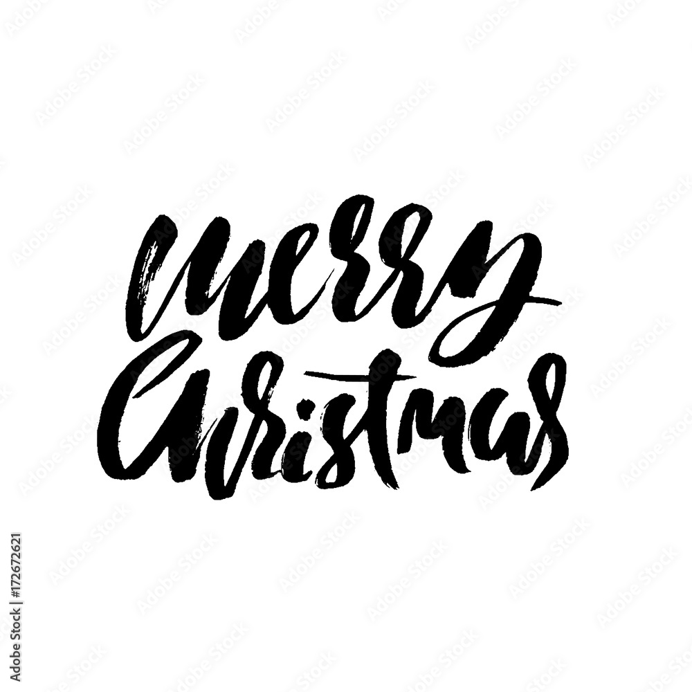 Wall mural Hand drawn phrase Merry Christmas. Modern dry brush lettering design. Vector typography illustration. Holiday poster.