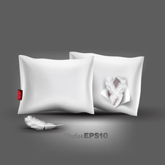 Beautiful, realistic pillows mock up with shadow and light effect. Pillow with a hole full of feathers. Vector illustration