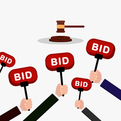 Auction and bidding concept. Hand holding auction paddle. People make bids. Flat illustration.