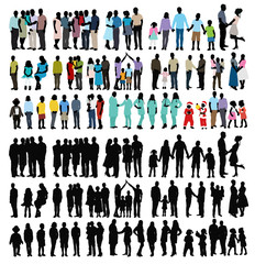 silhouette people in colored clothes, vector, family,  group of people, collection