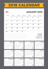 2018 Calendar planner. Simple Minimal Calendar Planner template design with week starting sunday