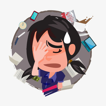borring girl . work hard - vector illustration