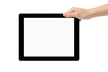 female teen hand holding tablet pc with white screen