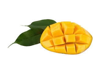 A piece of mango with leaves on white background