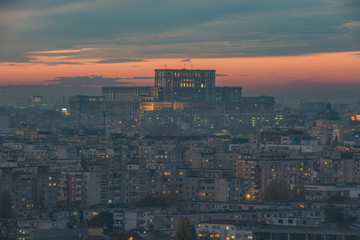 Bucharest view from above at sunset