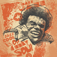 Retro design "Jazz"  with afro soul singer with microphone and textures.