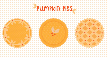 Pie icons. Whole traditional pumpkin pies with dough decor.