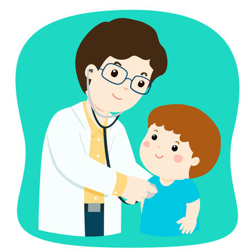Little boy on medical check up with male pediatrician doctor cartoon vector.