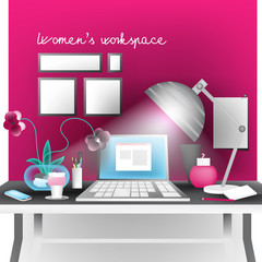 Women's workspace. Beautiful office table with laptop (notebook), office lamp with light effect, orchid flowers in the vase, coffee cup and mobile phone. Vector illustration