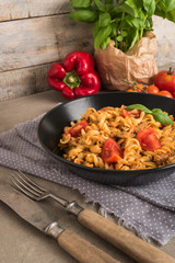 Italian wholemeal pasta with tuna, mushrooms and basil. Fresh pasta with tuna and tomato sauce