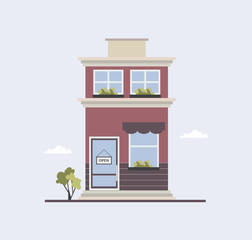 Modern city building with two floors, large windows with plants growing outside and glass door with open sign board. Small convenience store or local shop. Bright colored flat vector illustration.