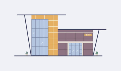 Cartoon city building of shopping mall with large panoramic windows, glass entrance door and awning built in modern architectural style. Shop, outlet or big box store. Flat vector illustration.