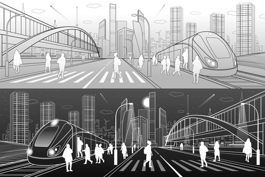 City and transport illustration. Big bridge. Pedestrian crossing. Passengers get in train, people at station. Modern town on background, towers, skyscrapers. Gray and white lines. Vector design art 