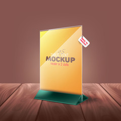 Easy to chnage color table tent (tabe stand, menu, card, advertising) mockup standing on realistic wooden table top. Restaurant, cafe or bar menu board. A5 size. Vector illustration