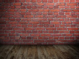 Blank grungy stonewall with spotlights and wooden floor