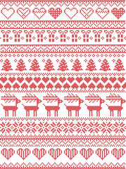 Scandinavian,  Nordic style winter stitching Christmas seamless pattern, withsnowflakes, hearts, Christmas present, snow, star, Christmas tree, reindeer and  decorative ornaments in red, white 
