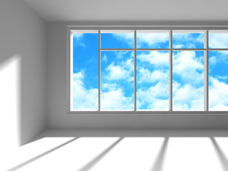 Empty white room interior with window to sky