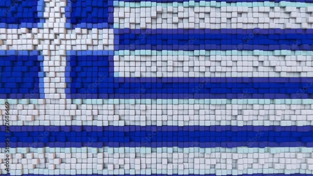 Aufkleber stylized mosaic flag of greece made of moving pixels, seamless loop motion background