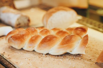 Fresh bread on cutting board.
