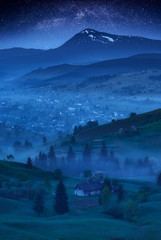 The foggy village in a moonlight