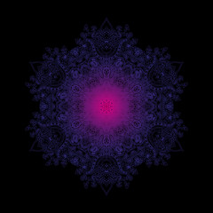 Circular lace paisley pattern. Traditional oriental mandala ornament. Magenta to lilac gradient outlines on black background. Yoga background.