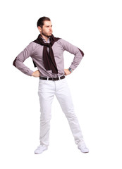 Full body portrait of young happy smiling cheerful business man, over white