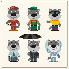 Obraz premium Set funny wolf in different clothing: sportsman, worker, manager, summer, autumn, sleepwear. Collection isolated Wolf in clothing in cartoon style.