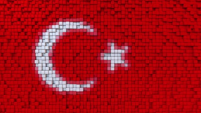 Stylized mosaic flag of Turkey made of moving pixels, seamless loop motion background