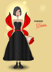 Young woman in a dress. fashion design, Black  Wedding, Vector illustration