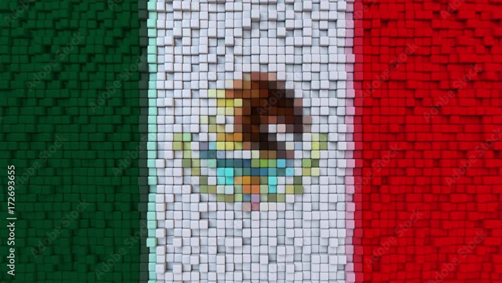 Poster stylized mosaic flag of mexico made of moving pixels, seamless loop motion background