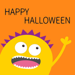 Happy Halloween card. Yellow screaming spooky monster head silhouette. Two eyes, teeth, tongue, hand. Funny Cute cartoon character. Baby collection. Flat design. Orange background.