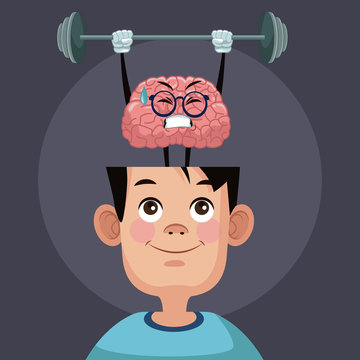 Cute brain cartoon in kid head icon vector illustration graphic design