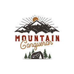Traveling, outdoor badge. Scout camp emblem. Vintage hand drawn design. Mountain conqueror quote. Stock vector illustration, insignia, rustic patch. Isolated on white background