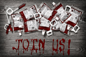 blood bag for Halloween party on the wood background
