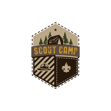 Traveling, outdoor badge. Scout camp emblem. Vintage hand drawn design. Retro colors palette. Stock vector illustration, insignia, rustic patch. Isolated on white background