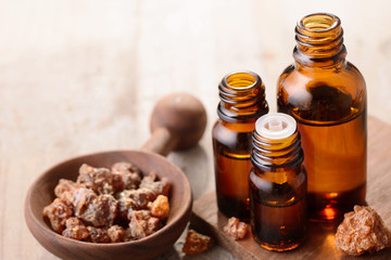 myrrh essential oil in the amber bottle