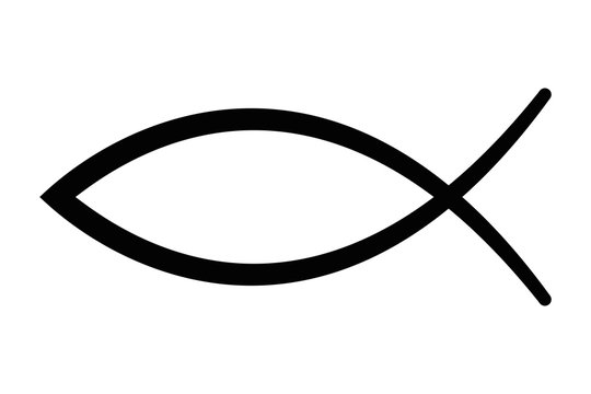 Sign of the fish, a symbol of Christian art, also known as Jesus fish. Symbol consisting of two intersecting arcs. Also called ichthys or ichthus, the Greek word for fish. Black illustration. Vector.