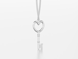 3D illustration white gold or silver decorative key in the form of a heart necklace on chain with reflection and shadow