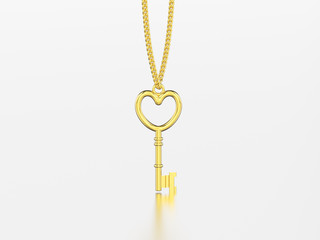 3D illustration yellow gold decorative key in the form of a heart necklace on chain with reflection and shadow