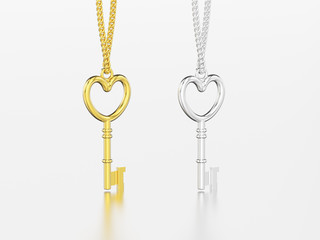 3D illustration two y gold and silver decorative keys in the form of a heart necklace on chain with reflection and shadow