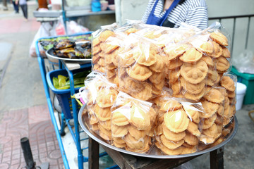 Thai egg cake, Khanom Khai in bag for sell at Sanam Pao, Bangkok, Thailand