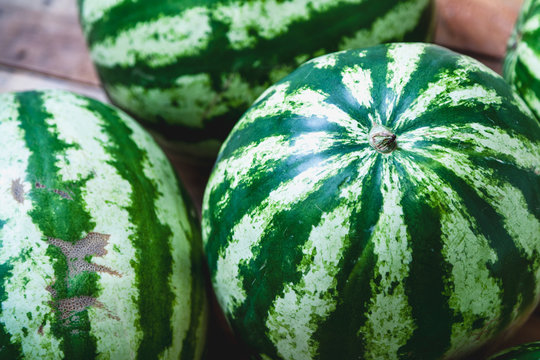 Striped watermelons close-up