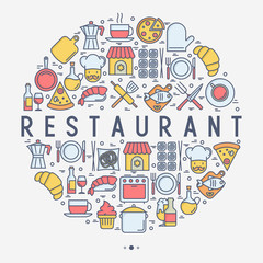 Restaurant concept in circle with thin line icons: chef, kitchenware, food, beverages for menu or print media. Vector illustration for banner, web page.