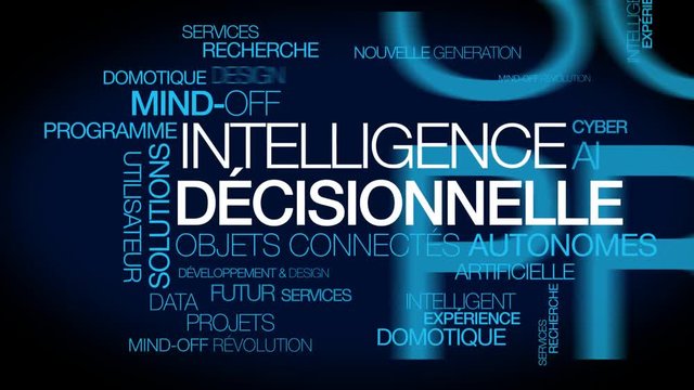 Intelligence d&eacute;cisionnelle nuage de mots tag cloud informatique mind-off business intelligence artificielle objets connect&eacute;s autonomes texte blanc fond bleu animation